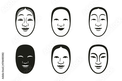 Noh Mask Logo Set. ceremonial masks. Set Logo of ceremonial masks: Japanese Noh theater mask. Icon set. harmonious logo variations of the same emblematic