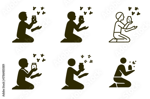 Firefly Logo Variations. Catching fireflies. Set Logo of catching fireflies: releasing fireflies from jar. Icon set. harmonious logo variations of the same