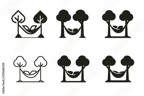 Hammock Logo Variations. Adding colorful outdoor cushions and throws to a garden seating area. Set Logo of hammock lounge: hammock with two pillows between