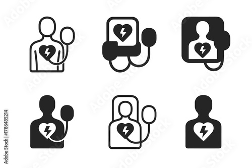 Emergency Services Icons. Emergency services. Icon set. Set Logo of emergency services: AED defibrillator pads. harmonious logo variations of the