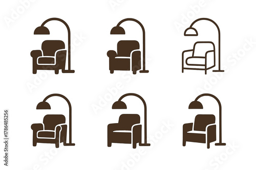 Cozy Corner Logos. Setting up a cozy corner with comfy seating for casual chats. Set Logo of cozy corner: reading lamp arc light. Icon set. harmonious logo