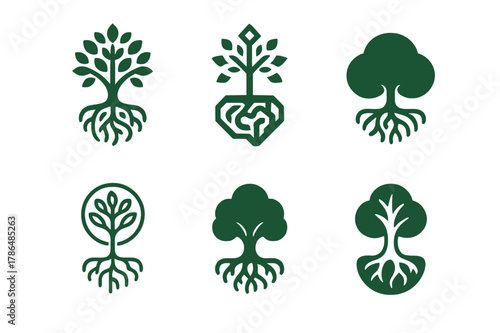 Nature Therapy Logos. Nature-based therapies for mental health. Set Logo of Nature-based therapies for mental health: tree with intertwined brain roots. Icon