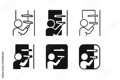 Floating Shelves Icons. Installing floating shelves on a wall. Set Logo of installing floating shelves on a wall: completed wall display. Icon set. harmonious