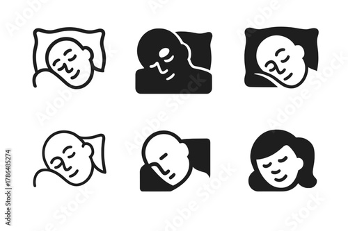 Sleep Emblem Variations. The importance of sleep. Set Logo of the importance of sleep: person resting on pillow. Icon set. harmonious logo variations of the