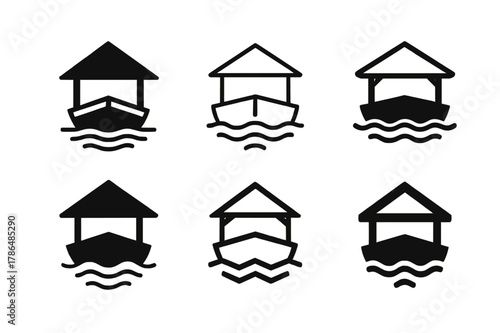 Floating Neighborhoods Logos. Floating neighborhoods. Set Logo of floating neighborhoods: floating marketplace pavilion. Icon set. harmonious logo variations