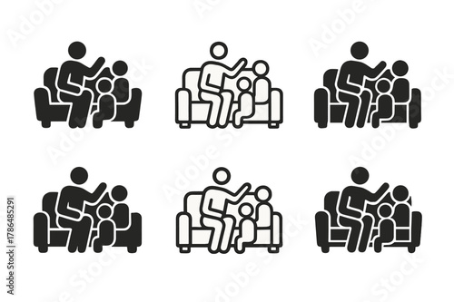 Family Storytelling Logos. Telling family stories at a gathering. Set Logo of Telling family stories at a gathering: storyteller on sofa with children. Icon