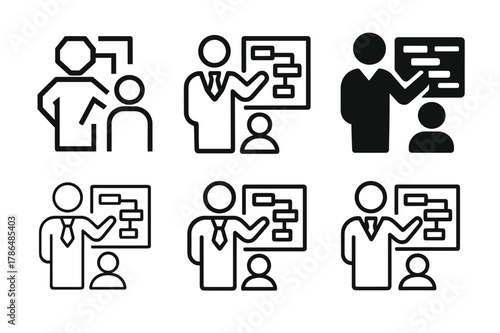 Consultant Logo Variations. A consultant helping a small business improve its operations. Icon set. Set Logo of A consultant helping a small business improve