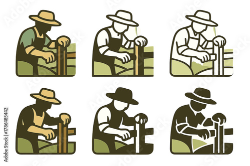 Farmer Fence Logo Variations. A farmer repairing a wooden fence in a field. Set Logo of A farmer repairing a wooden fence in a field: work gloves and hat on