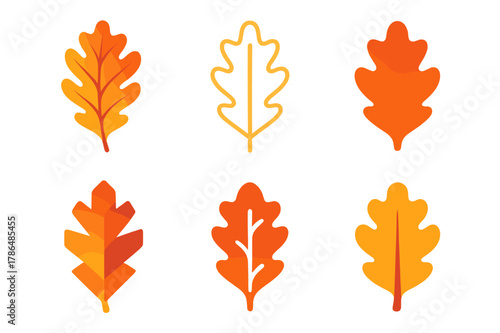 Autumn Leaf Logos. A close-up of colorful autumn leaves, showing rich shades of red, orange, and yellow. Set Logo of Autumn leaves: oak leaf shape. Icon set.