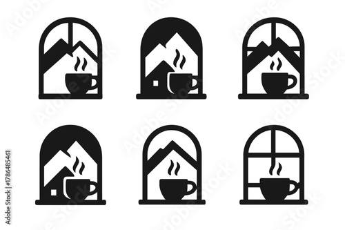 Mountain Cabin Logos. Embracing solitude and personal time. Set Logo of mountain cabin window with tea: Symmetrical form, Iconic shape, Flat solid, Minimal