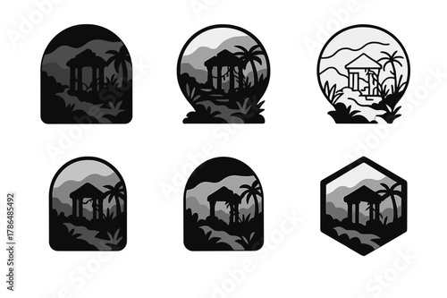 Mystical Landscape Icons. Mystical landscapes. Icon set. Set Logo of mystical landscapes: ruined temple overgrown in a misty jungle. harmonious logo variations