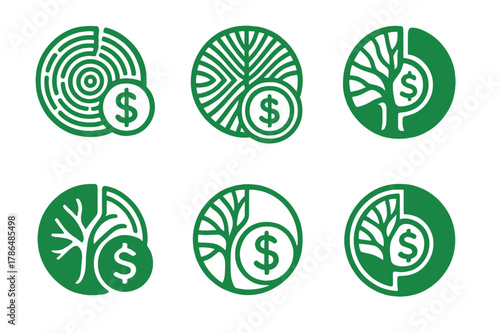 Green Bonds Icons. Green bonds. Icon set. Set Logo of green bonds: tree-ring medallion merging with a coin-like bond. harmonious logo variations of the same