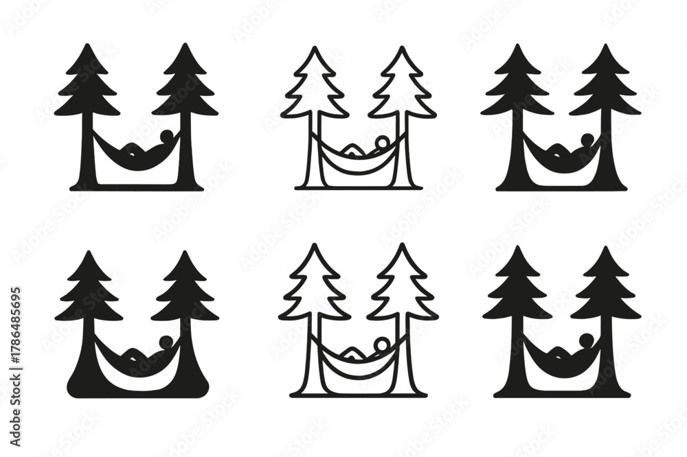Fototapeta premium Hammock Nature Logos. People enjoying peaceful, solitary moments in nature. Set Logo of People enjoying peaceful, solitary moments in nature: hammock strung