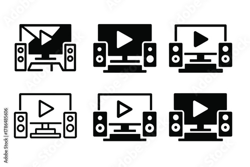 Home Theater Logo Variations. Installing a new home theater sound system. Set Logo of Installing a new home theater sound system: TV screen with play icon.