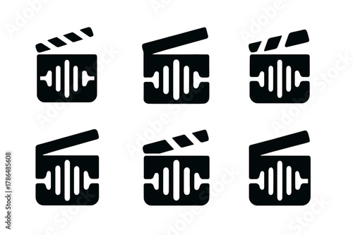 Podcast Culture Logos. The rise of podcasts and their cultural impact. Set Logo of clapboard merging into waveform: Minimal outline, Abstract geometric, Filled