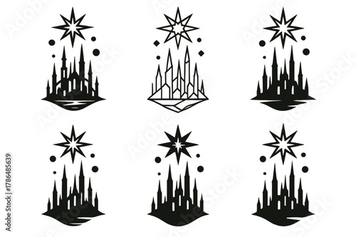 Mystical City Logos. A mystical city with towering spires and floating orbs of light. Set Logo of A mystical city with towering spires and floating orbs of