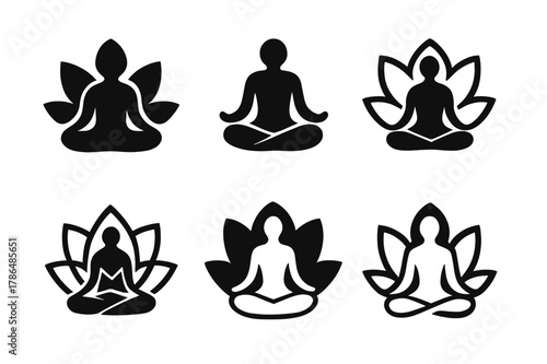 Fitness Icon Harmony. Healthy living and fitness routines. Icon set. Set Logo of Healthy living and fitness routines: mindfulness meditation lotus. harmonious