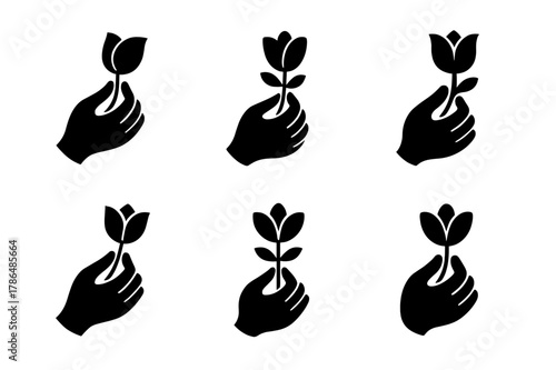 Sensory Logos Grid. How our senses work. Icon set. Set Logo of How our senses work: hand holding flower for smell. harmonious logo variations of the same