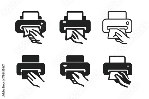 Printer Jam Logos. Fixing printer paper jam. Icon set. Set Logo of Fixing printer paper jam: hand removing jammed paper. harmonious logo variations of the same