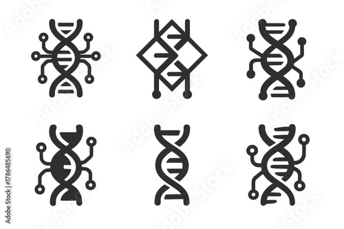 Genetic Modification Logos. Genetic modification. Set Logo of genetic modification: DNA strand intertwined with circuit lines. Icon set. harmonious logo