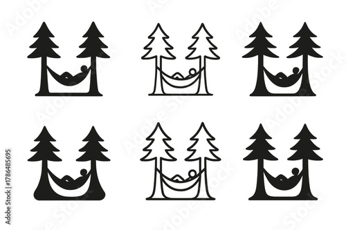 Hammock Nature Logos. People enjoying peaceful, solitary moments in nature. Set Logo of People enjoying peaceful, solitary moments in nature: hammock strung