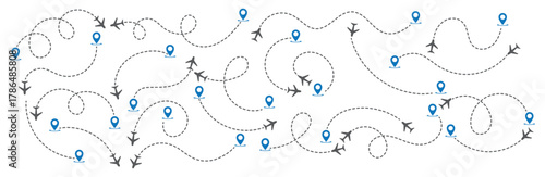 Airplane line path route travel vector concept. Simple airplane travel line path with map pins. Air plane routes dotted paths aircraft travel route start point flight destination black airplane. 