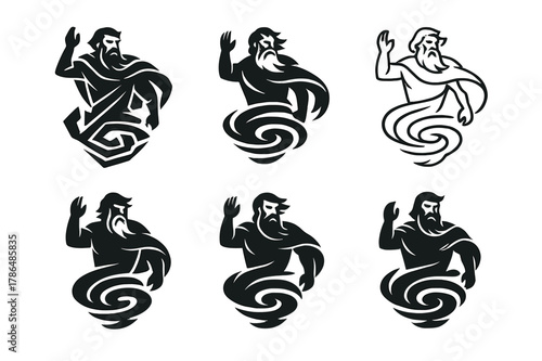 God of Storms Logos. A god controlling the winds and the storms. Set Logo of A god controlling the winds and the storms: billowing cloak forming a cyclone.