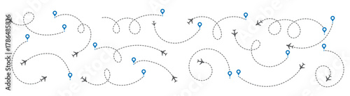 Airplane line path icon of air plane flight route dash line trace with start point. Simple airplane travel line path with map pins. Plane routes dotted paths