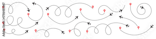 Minimalist airplane travel path with map pins. Dashed route line representing a plane journey, romantic trip, business travel, and flight routes. Destination map line icon, Location map path distance