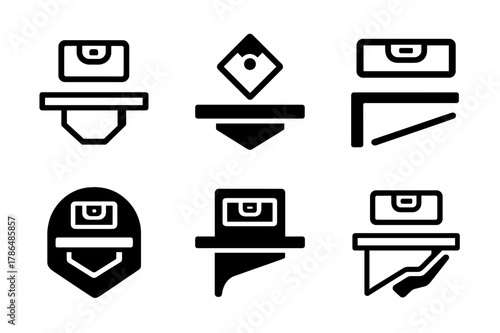 Floating Shelves Logo Set. Installing floating shelves on a wall. Set Logo of installing floating shelves on a wall: shelf alignment guide. Icon set.
