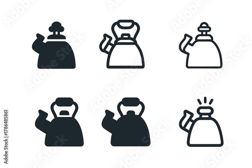 Kettle Spout Logos. tea kettle spout. Set Logo of tea kettle spout: whistling cap on spout. Icon set. harmonious logo variations of the same emblematic