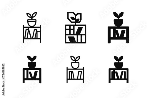 Cozy Corner Logos. Setting up a cozy corner with comfy seating for casual chats. Set Logo of cozy corner: bookshelf with potted plant. Icon set. harmonious