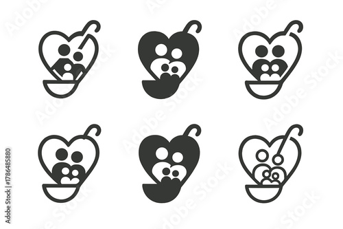 Family Cooking Logos. Cooking together as a family. Set Logo of cooking together as a family: heart-shaped ladle. Icon set. harmonious logo variations of the