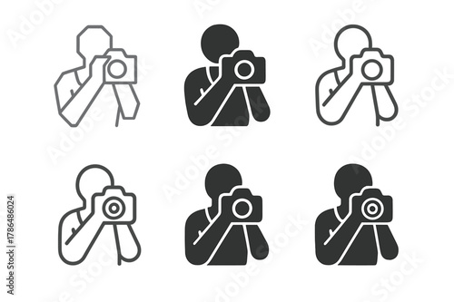 Camera Logo Variations. Holding a camera. Set Logo of Holding a camera: photographer holding camera with neck strap. Icon set. harmonious logo variations of
