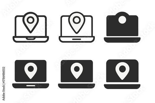 Remote Work Icons. Remote work hubs. Set Logo of remote work hubs: laptop with location pin. Icon set. harmonious logo variations of the same emblematic