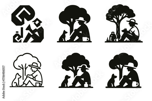 Farmer & Dog Logos. A farmer and his dog taking a break under the shade of a tree. Set Logo of A farmer and his dog taking a break under the shade of a tree: