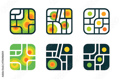 Heatmap Logo Variations. Heatmapping. Icon set. Set Logo of heatmapping: city street grid with traffic intensity cells. harmonious logo variations of the same