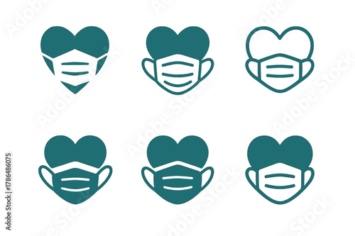 Public Health Icons. Public health campaigns. Icon set. Set Logo of public health campaigns: face mask and heart symbol. harmonious logo variations of the same