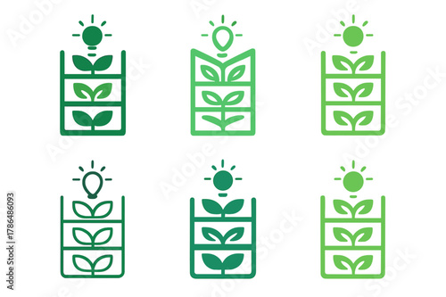 Innovative Climate Logos. Innovative solutions for climate change. Icon set. Set Logo of innovative solutions for climate change: vertical farming system.