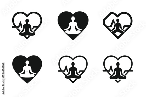 Fitness Icons Collection. Fitness and workout trends (HIIT, yoga). Icon set. Set Logo of Fitness and workout trends (HIIT, yoga): heart pulse line. harmonious