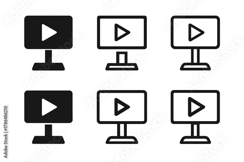 Logo Variations Grid. Shelf talkers and signage. Set Logo of Shelf talkers and signage: digital signage screen with play icon. Icon set. harmonious logo