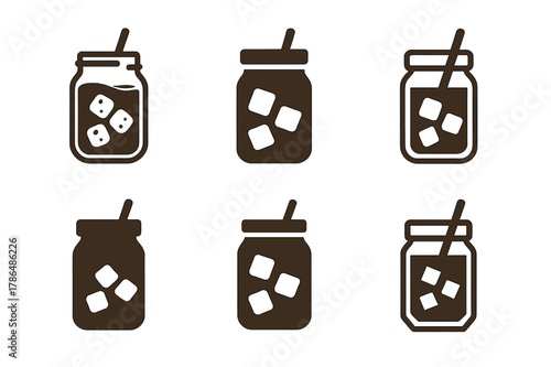 Cold Brew Icons. Cold brew setup. Set Logo of Cold brew setup: mason jar with coffee and ice cubes. Icon set. harmonious logo variations of the same emblematic
