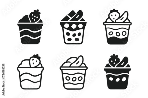 School Lunch Icons. Preparing school lunch. Icon set. Set Logo of preparing school lunch: yogurt parfait cup. harmonious logo variations of the same emblematic