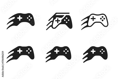 E-Sports Icon Set. Immersive video gaming and e-sports. Icon set. Set Logo of immersive video gaming and e-sports: gaming controller with light