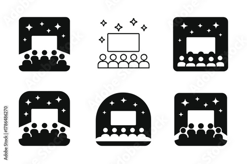 Film Festival Icons. film festivals. Set Logo of film festivals: outdoor screen with audience silhouettes under stars. Icon set. harmonious logo variations of