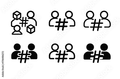 Social Media Impact Logos. The impact of social media on friendships. Set Logo of the impact of social media on friendships: hashtag bridge between profiles.