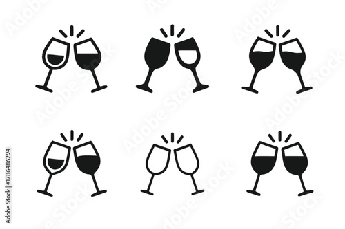 Candlelit Wine Toast Icons. Romantic candlelit dinners. Set Logo of wine toast: clinking wine glasses. Icon set. harmonious logo variations of the same