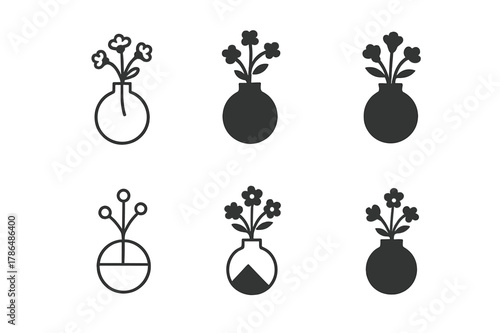 Wildflower Vase Logos. tabletop flower vase. Set Logo of tabletop flower vase: small round vase with wildflowers. Icon set. harmonious logo variations of the