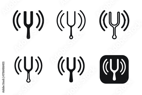 Sound Wave Logos. How sound travels. Set Logo of how sound travels: tuning fork generating vibration lines. Icon set. harmonious logo variations of the same