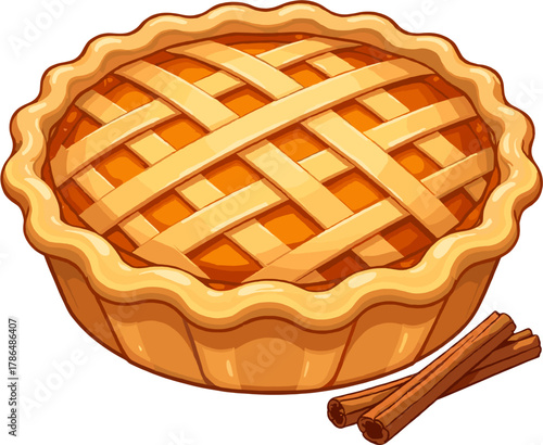 Delicious homemade apple pie with cinnamon sticks, golden crust and aromatic spices, warm cozy autumn dessert illustration perfect for bakery branding, Thanksgiving design, menus and packaging